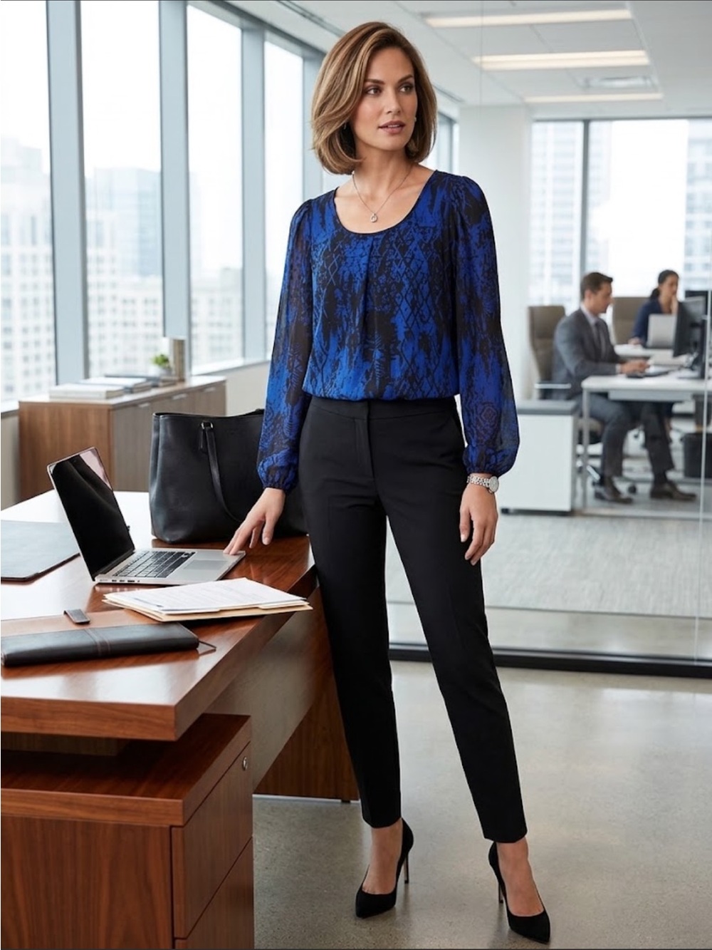 Women's Blue and Black Long-Sleeve Blouse --Size Medium